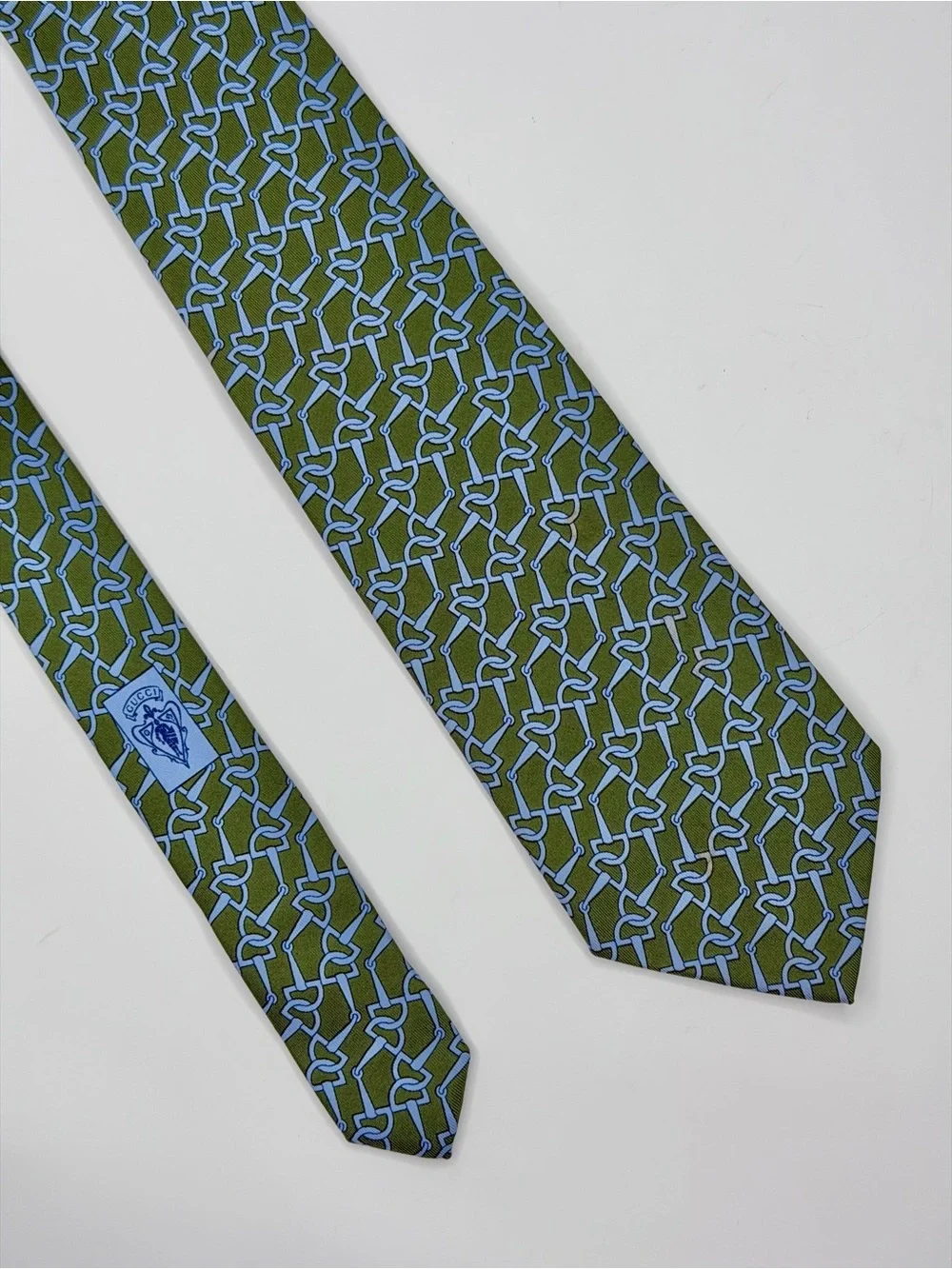 Gucci Men’s Silk Tie Green Blue Horsebit Equestrian Print Made in Italy Luxury